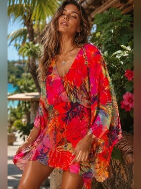 Marciano Tropical Sexy Vibrant Red Floral dress